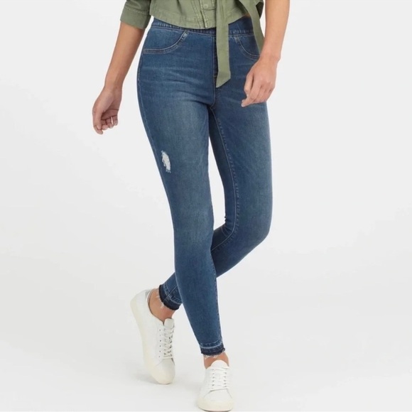SPANX Distressed Ankle Skinny Jeans Raw Hem Womens Large Blue - Picture 3 of 12